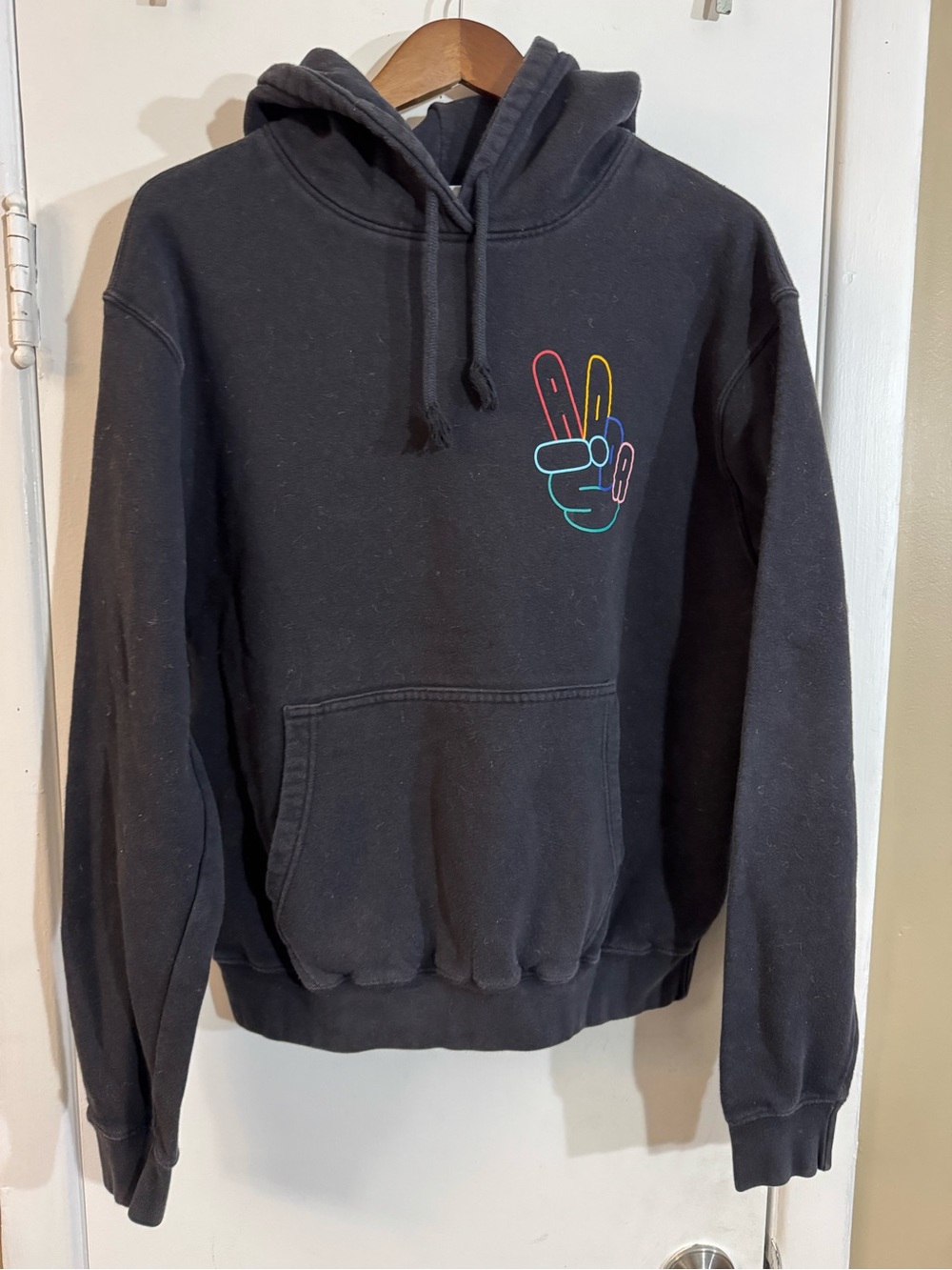 adidas Black Crewneck Hoodie with Neon Peace Hand Graphic